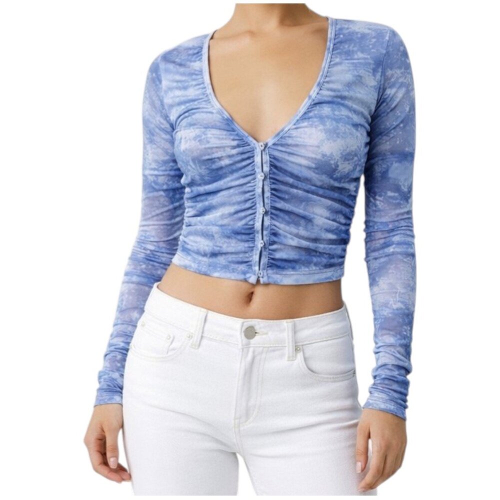 Zara Ruched Crop Top Sky Blue Sheer Long Sleeve Size L